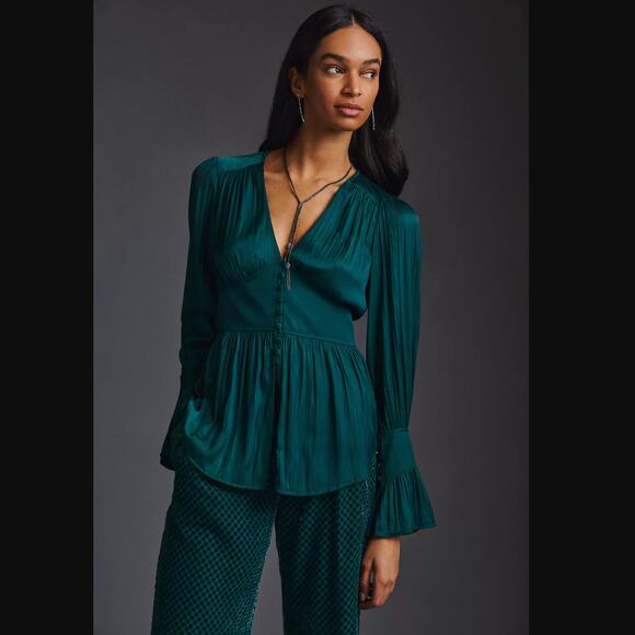 NWT Anthropologie Tunic Deep-V Green- Small - Picture 1 of 6
